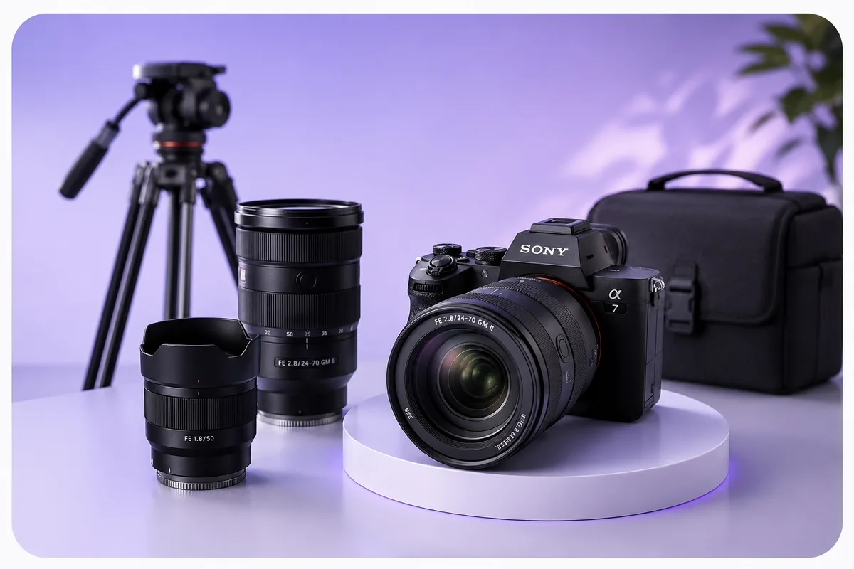Sony Alpha 7 Systemkamera mit Wechselobjektiven, Stativ und Kameratasche auf lila Hintergrund