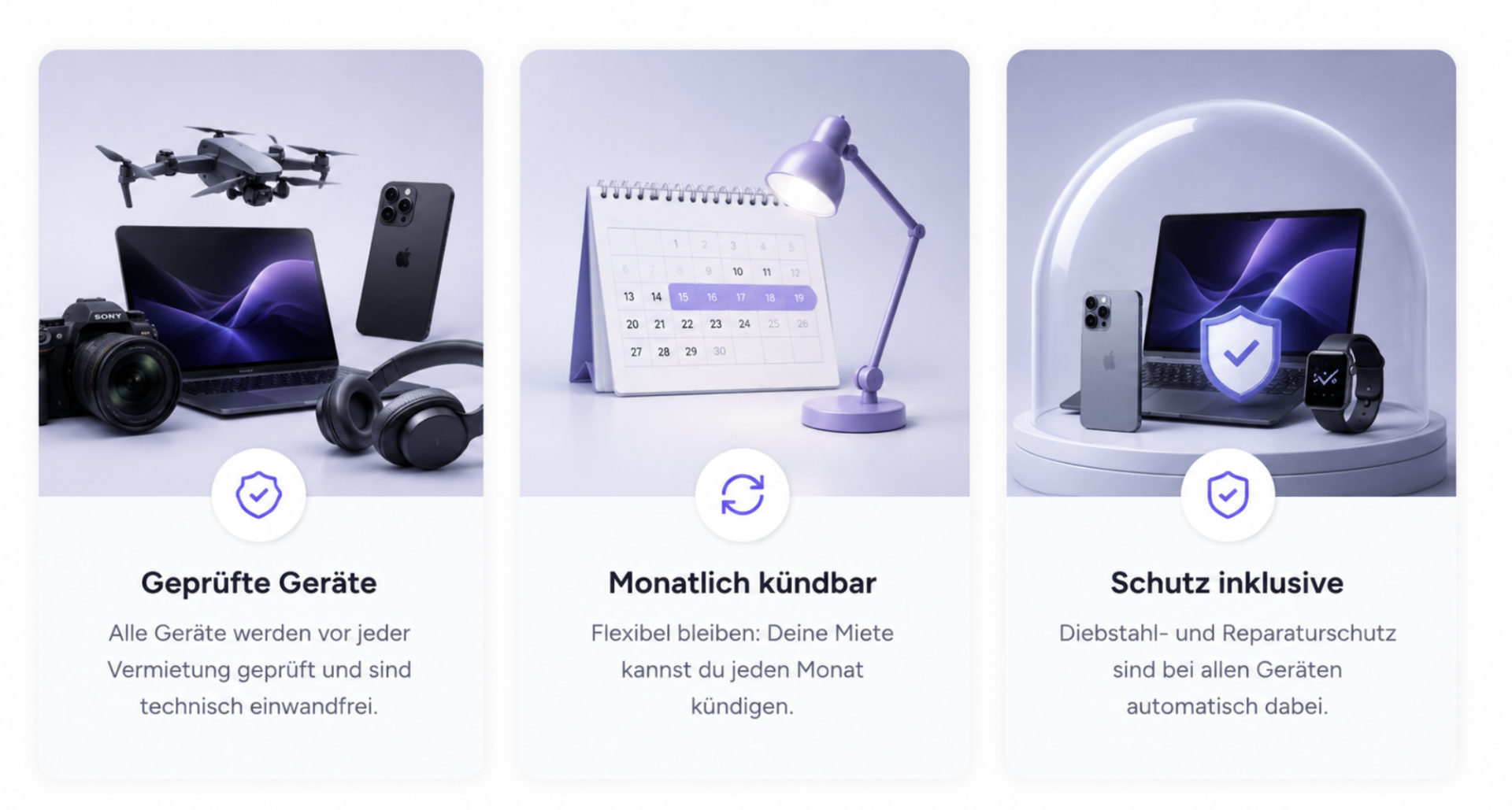 Geprüfte Geräte, monatlich kündbar und Schutz inklusive